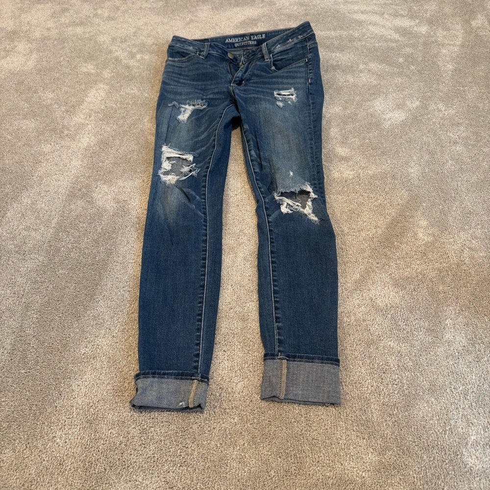 Dark Blue Distressed Ankle Jeans